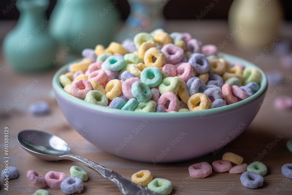 Pastel colored froot loops with small spoon. Delicious fruit cereal rings. Generative AI Pastel colored froot loops with small spoon. Delicious fruit cereal rings. Generative AI