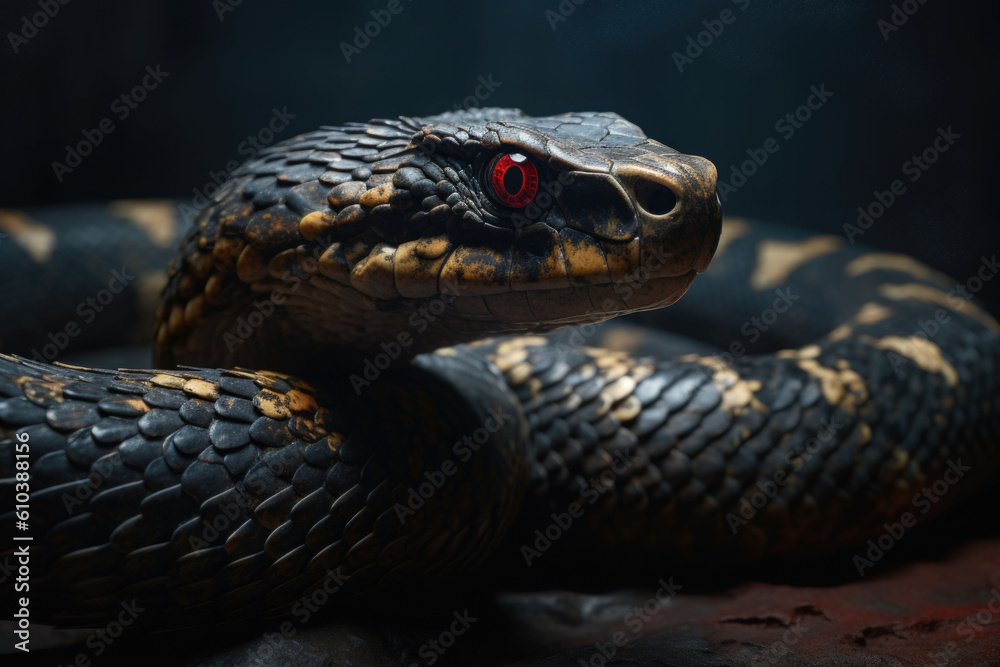 Fototapeta premium Ancient reptile with red eyes. Dangerous poisonous exotic snake. Generative AI