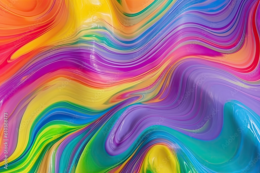 Liquid rainbow wavy plastic texture. Wrinkle silicone sheet. Generative AI