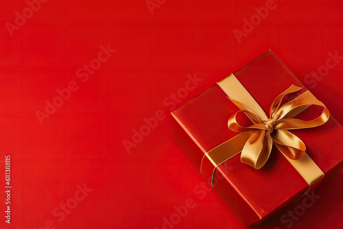 Gift box with golden satin ribbon and bow on red background. Generative AI