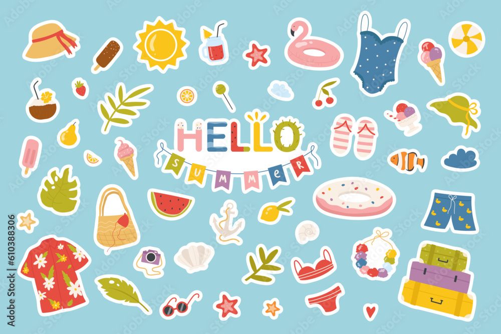 Hello summer, cute holidays stickers set for scrapbook vector illustration. Cartoon isolated decorative flags with lettering, lemonade drink and dessert, palm and monstera leaf, flamingo rubber ring