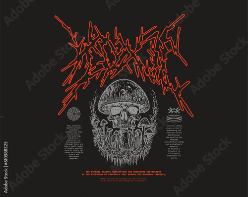 Toxic quote, typographic t-shirt design y2k, mushrooms and skull head