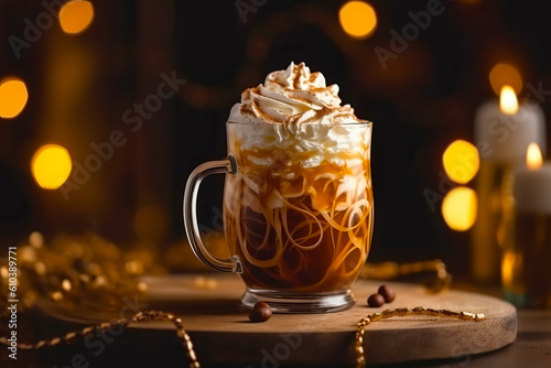 Vienna coffee in a tall glass with whipped cream. Generative AI illustration