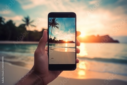 Picture of mans hand holding smartphone with beautiful picture on screen. Tropical beach with palms white sand and turquose water. Generative AI photo