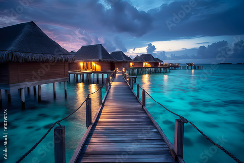 Luxury resort villas seascape with Beautiful twilight sky and clouds. Generative AI illustration