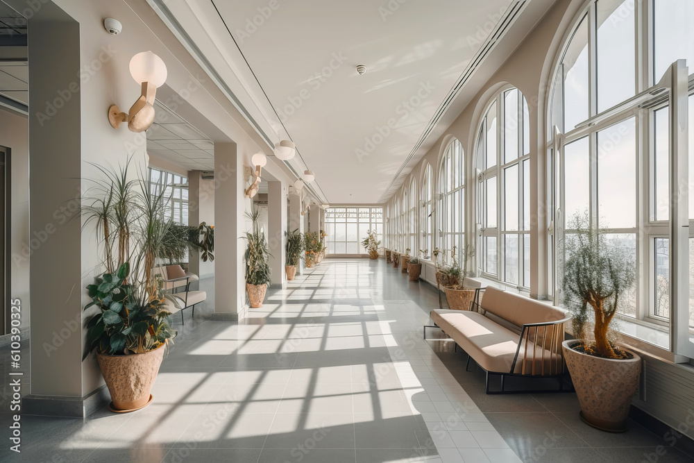Empty corridor in modern clinic with indoor plants and tall windows. Generative AI illustration