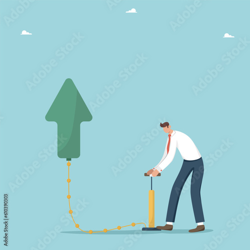 Business planning for business development, the search for the right strategy, creative thinking to open up new opportunities, methods and ways to achieve goals, a leader man pumps a green arrow ball.