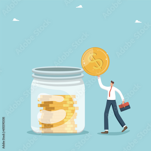 Investment portfolio, innovation and savings, increase in income, profit from stocks and deposits, financial and economic growth, success in wealth management, a man throws a coin into a jar of coins.