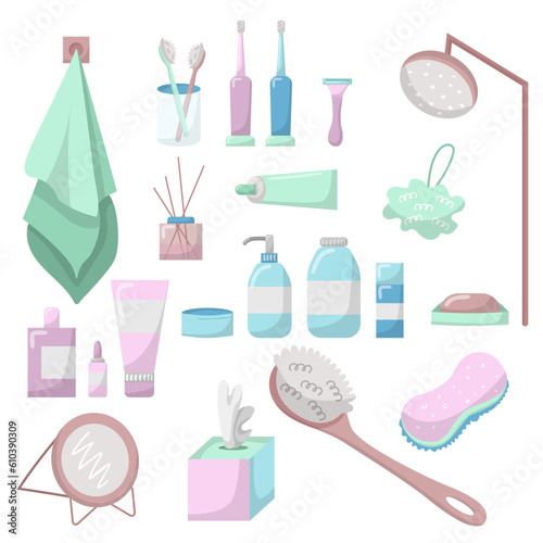 A set of bathroom and shower accessories. Body cosmetics in flat vector style. Towel, toothbrushes, razor, shower, washcloths, soap, shower gel, shampoo, face cream and serum, perfumes and more.