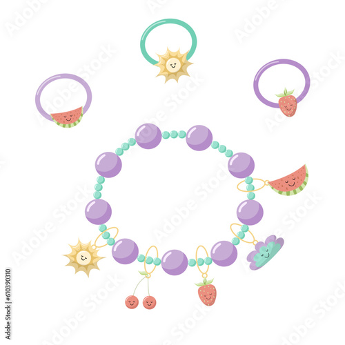 Collection of vector jewelry and children's ornaments. Bracelet made of handmade plastic beads with pendants in the summer style of the sun, cherry, arbus, strawberry, cloud. Fashion colorful rings.