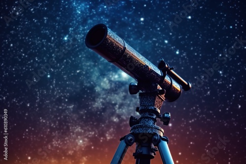 Telescope pointing at starry sky at night. Generative AI