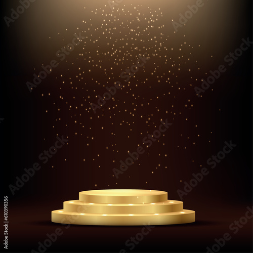 Celebration design with golden podium on a black background.Anniversary. Happy birthday greeting card. Vector.