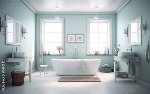 bathroom.With its white walls and minimalist features  this bathroom exudes a simple Scandinavian style.   Generative AI