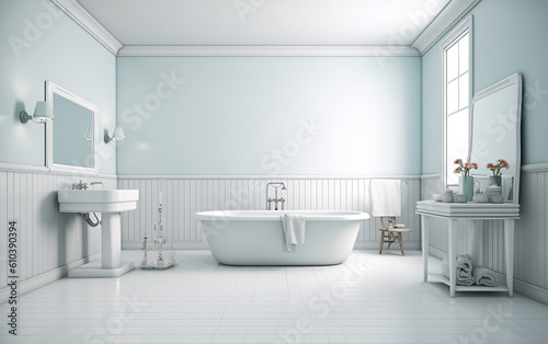 bathroom.With its white walls and minimalist features, this bathroom exudes a simple Scandinavian style. Generative AI