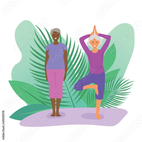 Senior women doing yoga. Old ladies makes morning yoga or breathing exercises. Isolated vector illustration. Mental health concept
