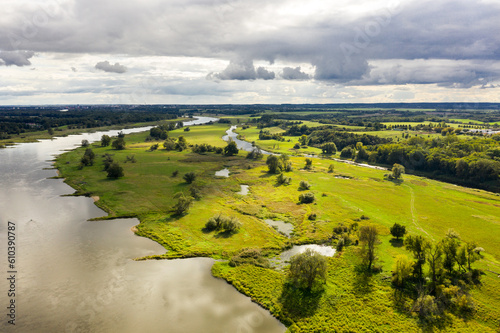 Panorama Flusslandschaft, Luftaufnahme der Oder, Lebus, Brandenburg, Deutschland, Polen, Europa