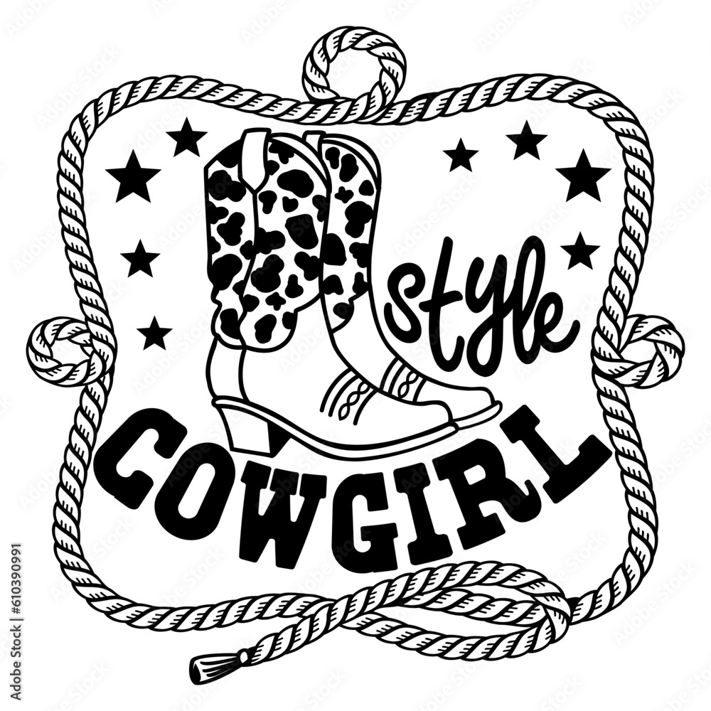 Cowgirl style vector illustration with cowboy boots and rope frame. Vector printable cowboy boots with cow pattern and stars decoration for design. Cowboy text background