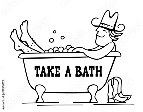 Cowboy bathing. Vector cowboy bathing in bathtub vector hand drawn illustration isolated on white for design. Cute cowboy.