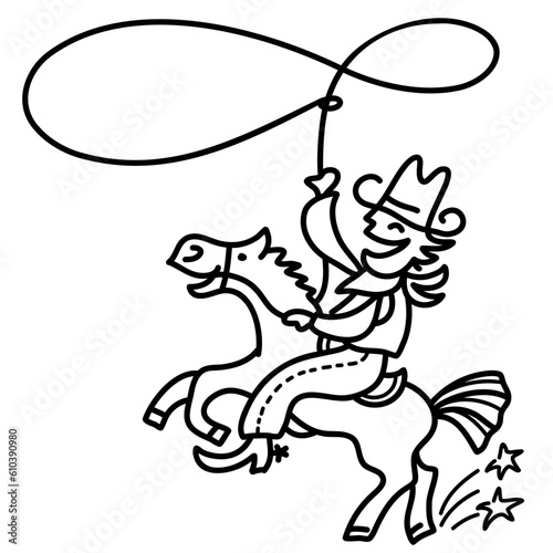 Cowboy with lasso driving horse isolated on white for design. Vector country ranch line art doodle style illustration