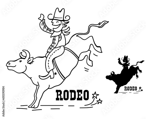 Bull rider cartoon vector illustration isolated on white. Vector funny cowboy riding a bull with rodeo text