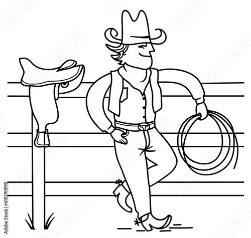 Cowboy standing on fence. Vector colored farm rodeo illustration with horse saddle isolated on white.