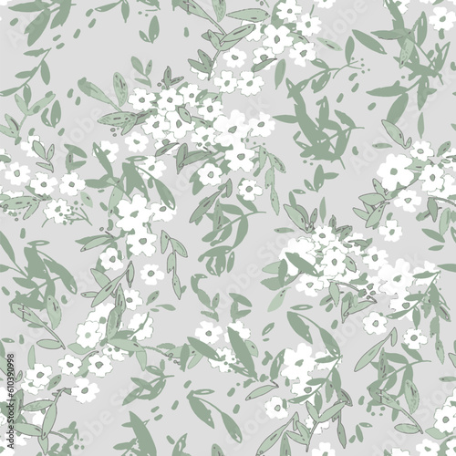 Seamless floral pattern in pastel colors with lime green grey and white background. Grunge textured abstract floral design vector illustration