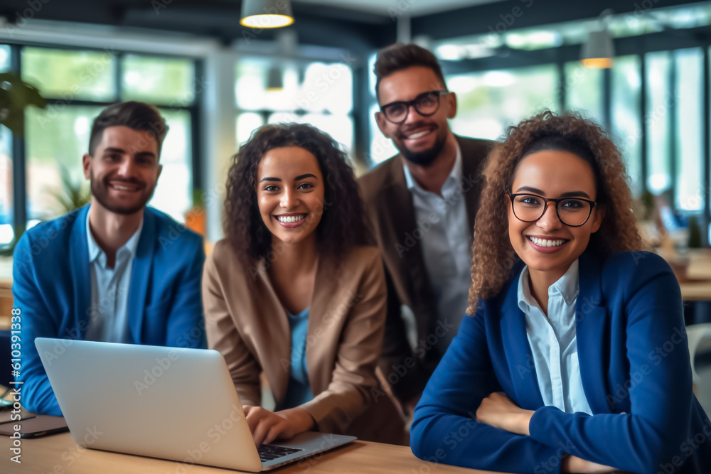 A team of professionals, both men and women in a modern office, showcasing their enthusiasm and camaraderie as they pose for a group photo while working on laptops. generative AI. A team of professionals, both men and women in a modern office, showcasing their enthusiasm and camaraderie as they pose for a group photo while working on laptops. generative AI.