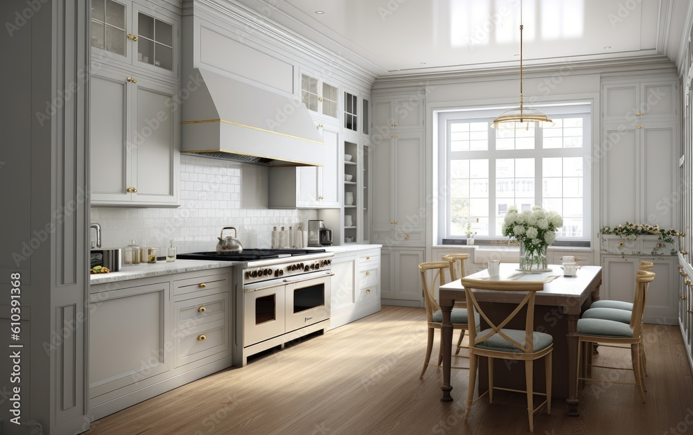A polished white and gray kitchen with elegant decor. AIgenerated