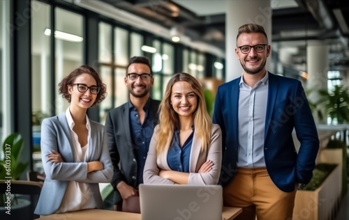 A team of professionals, both men and women in a modern office, showcasing their enthusiasm and camaraderie as they pose for a group photo while working on laptops. generative AI.