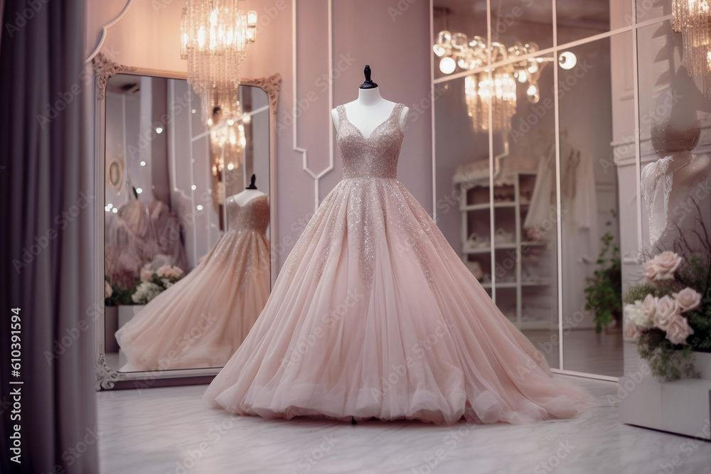 Elegant woman's wedding dress in the clothing store. Super photo realistic background, generative ai illustration Elegant woman's wedding dress in the clothing store. Super photo realistic background, generative ai illustration