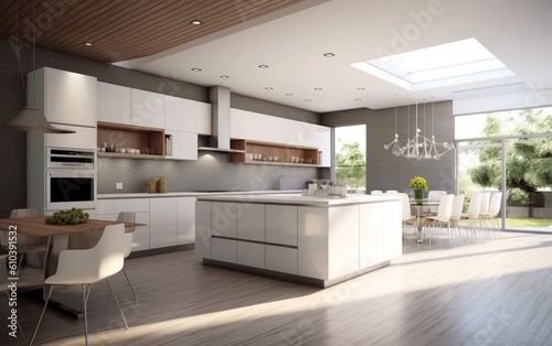 A spacious minimalist kitchen in light colors. AI generated