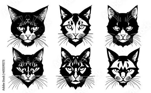 Set of cat heads with different calm expressions of the muzzle. Symbols for tattoo, emblem or logo, isolated on a white background.