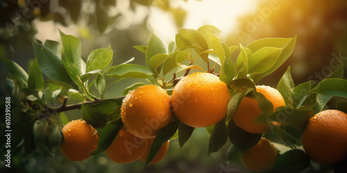 Ripe oranges hanging on a orange tree in garden. Fresh juicy oranges on a oranges tree branches. Generative ai illustration
