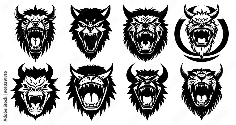 Set of horned monster heads with open mouth and bared fangs, with different angry expressions of the muzzle. Symbols for tattoo, emblem or logo, isolated on a white background.