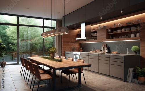 Minimalist and modern kitchen with a wooden table in dark colors. AI generated