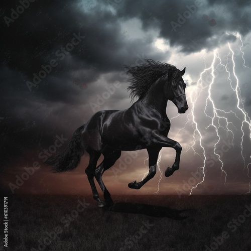 black demon horse running in the field in stormy weather Generative AI