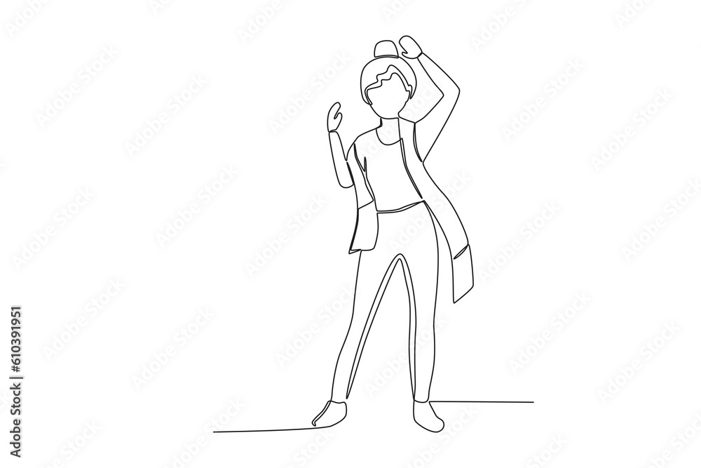 A woman becomes a supporter at a football event. Football supporter one-line drawing