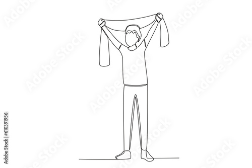 A man supports his favorite football player. Football supporter one-line drawing