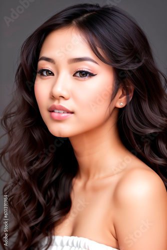 Asian girl with long and shiny wavy hair on grey background. Beautiful model with curly hairstyle. Generative AI.