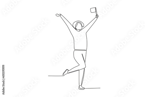A male supporter raised his hand. Football supporter one-line drawing