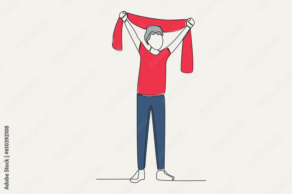 Color illustration of a supporter lifting a football team banner. Football supporter one-line drawing