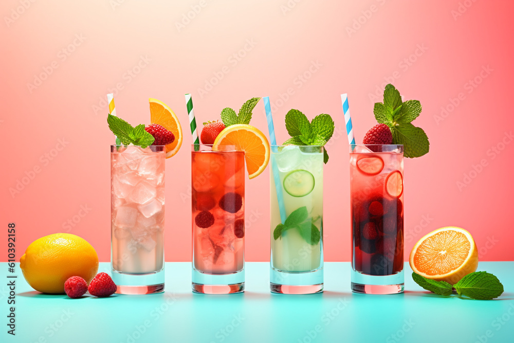 Tasty fresh fruit and mint mocktails on a pastel colored background created with AI generative tools