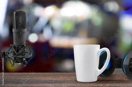 Podcast equipment, microphone and tea cup