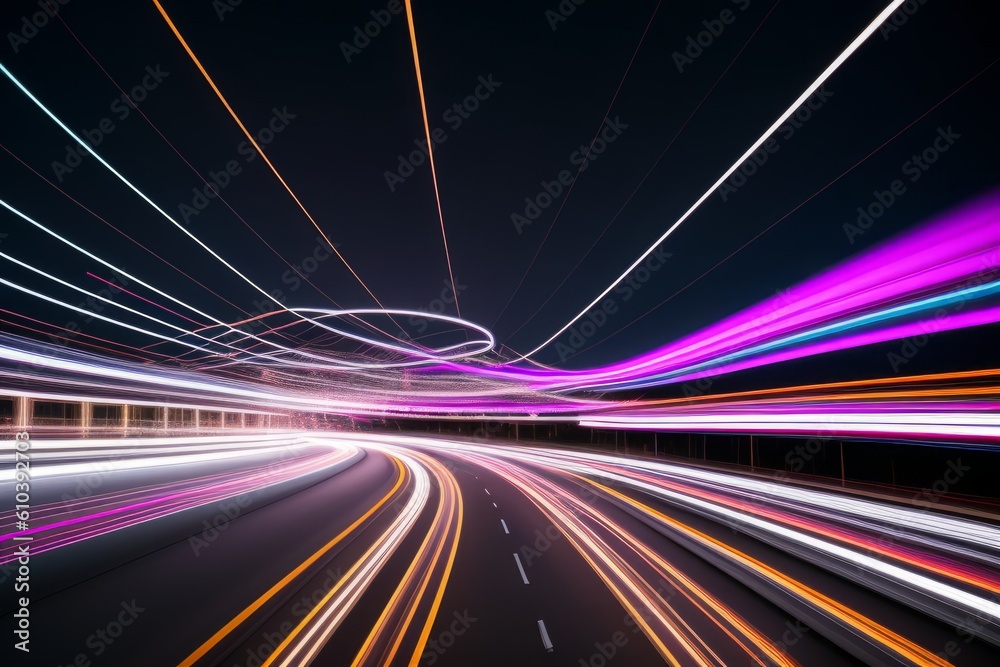 Obraz premium Light motion trails. Speed light streaks with blurred fast moving light effect, red white colors on black. Racing cars dynamic flash effects city road with long exposure night light. Generative AI