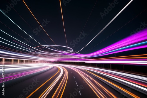 Light motion trails. Speed light streaks with blurred fast moving light effect, red white colors on black. Racing cars dynamic flash effects city road with long exposure night light. Generative AI