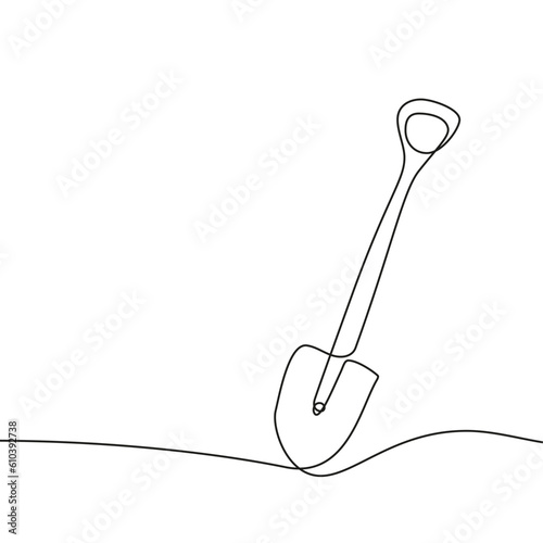 Garden shovel icon hand drawn with single continuous line. Isolated vector illustration. Editable stroke.