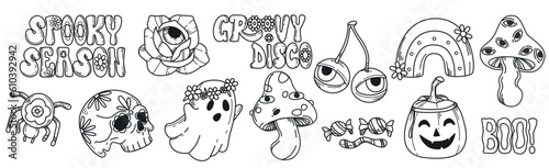 Vector set of hand drawing groovy halloween stickers. Psychedelic collection of hippie design elements. Mushrooms, spider, pumpkin, rainbow, cherry with etes and skull isolated on white background.