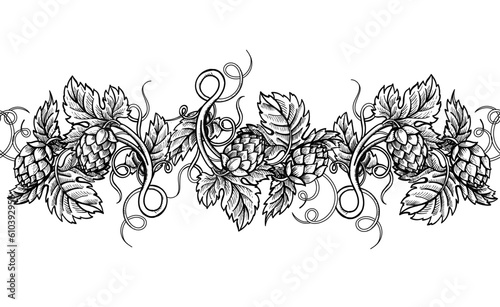 Hop branches with cones and leaves seamless engraving border. Brewery, beer festival, bar, pub design hop bush horizontal elements Vintage hand drawn vector illustration