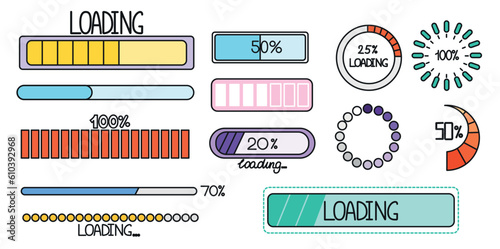 Loading progress bar icons in doodle style. Hand drawing loader button and updated progress circle. Upload status collection, percent done indicator or download round process. User interface design.