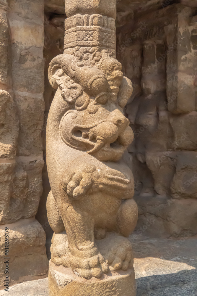 Old sculpture of mythological lion at Kailasanatha temple, Kanchipuram (Kancheepuram Kanjivaram), Tamil-Nadu, India.